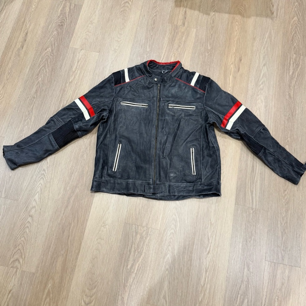 Black Leather Motorcycle Jacket with Red & White Stripe Accents